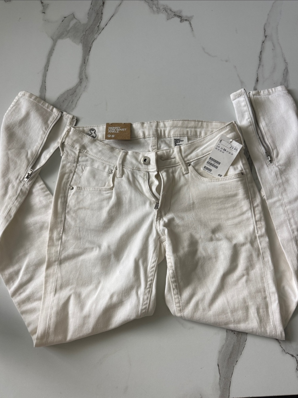 H&M White Low-Waist Skinny Jeans with Ankle Zips
